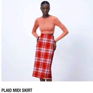 Zara Pink & Red Plaid Midi Skirt